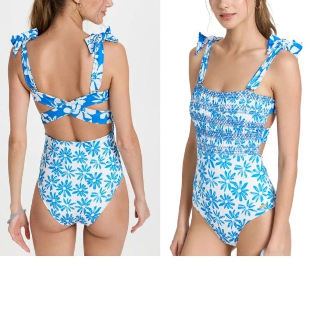 Palmacea NWT Lola One Piece Swimsuit Womens M Blue White Floral Cutout